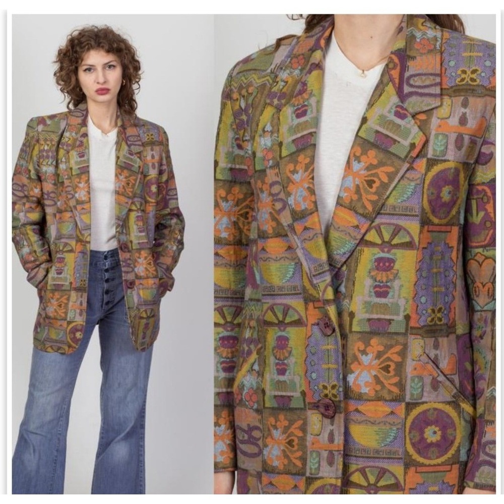 Ascente Sport Vintage 90s Tapestry Blazer Jacket Multi Color Geometric Size M